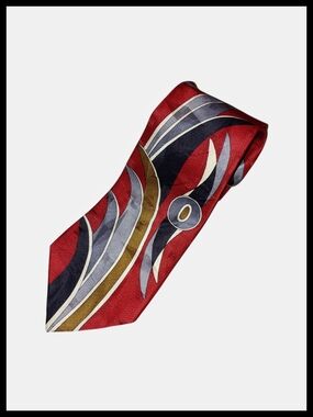 Screenplay By Martin Wong Silk Necktie Black Red White Geometric Abstract